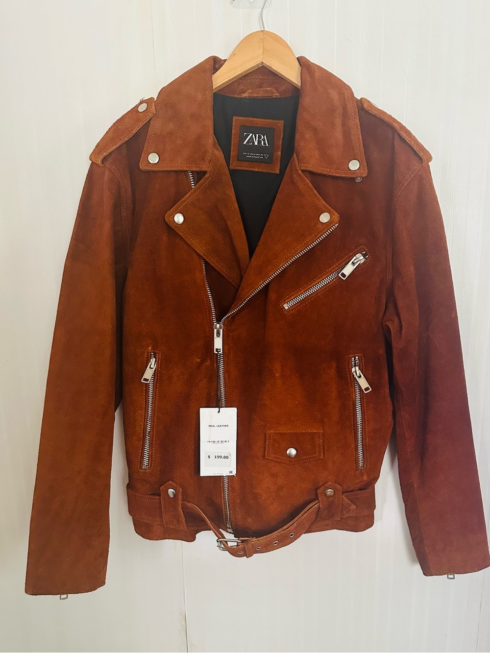 Zara Men's Suede Bomber-Style Biker Jacket - Rust Brown